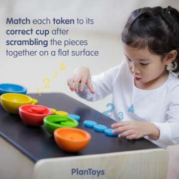 PlanToys Sort & Count Cups Color Sorting Toys with 5 Colored Wooden Cups and 25 Wood Tokens to Match for Educational and Sensory Play, Sustainably-Made