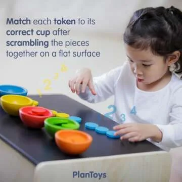PlanToys Sort & Count Cups Color Sorting Toys with 5 Colored Wooden Cups and 25 Wood Tokens to Match for Educational and Sensory Play, Sustainably-Made