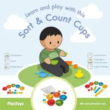PlanToys Sort & Count Cups Color Sorting Toys with 5 Colored Wooden Cups and 25 Wood Tokens to Match for Educational and Sensory Play, Sustainably-Made