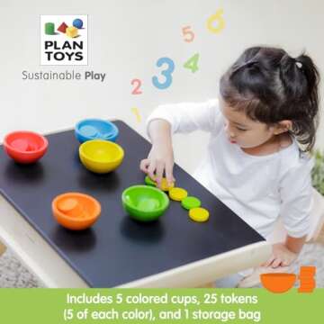 PlanToys Sort & Count Cups Color Sorting Toys with 5 Colored Wooden Cups and 25 Wood Tokens to Match for Educational and Sensory Play, Sustainably-Made
