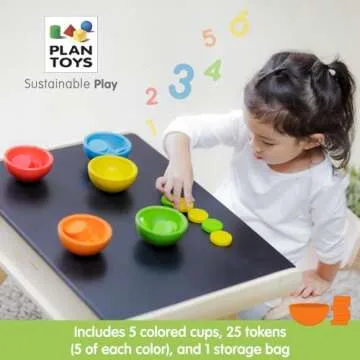 PlanToys Sort & Count Cups Color Sorting Toys with 5 Colored Wooden Cups and 25 Wood Tokens to Match for Educational and Sensory Play, Sustainably-Made