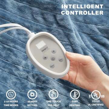 Degrees of Comfort Queen Size Electric Blanket with Dual Control, UL-Certified Heated Blankets, Auto Shut Off, 20 Heating Levels, Machine Washable, Blue, 84Wx90L