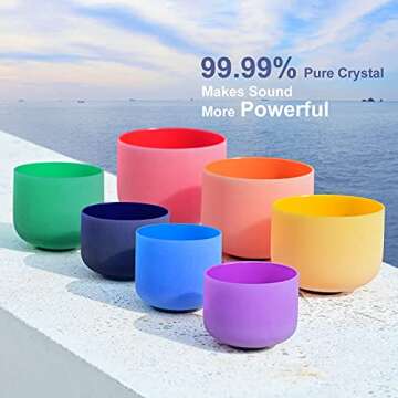 CVNC Set Of 7 PCS 440HZ 6-12 Inch Colored Frosted Chakra Quartz Crystal Singing Bowls Sound Healing Instrument with 2 PCS Travel Carry Case Bag for Meditation