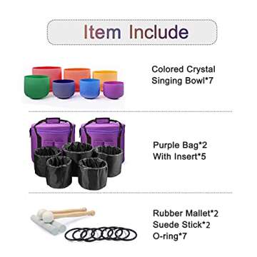 CVNC Set Of 7 PCS 440HZ 6-12 Inch Colored Frosted Chakra Quartz Crystal Singing Bowls Sound Healing Instrument with 2 PCS Travel Carry Case Bag for Meditation