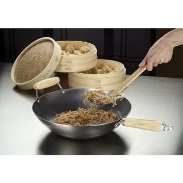 Helen’s Asian Kitchen Spider Strainer | 7-Inch Stainless Steel Wire Mesh Ladle with Sustainable Wood Handle for Large Batch Cooking and Frying