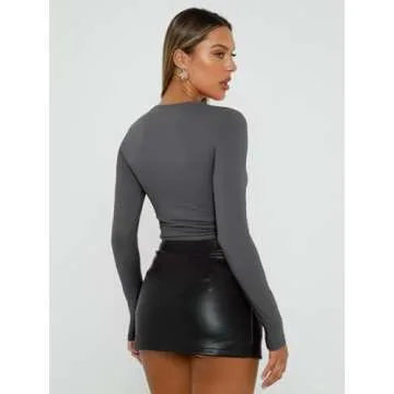 AUTOMET Womens Long Sleeve Shirt Basic Crop Tops Fall Fashion Underscrubs Layer Slim Fit Winter Clothes Black White Gray M