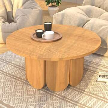XINRONG Oak Round Coffee Table, Mid Century Modern Coffee Table with Solid Tabletop, Wooden Circle Coffee Table for Living Room and Apartment, Easy Assembly