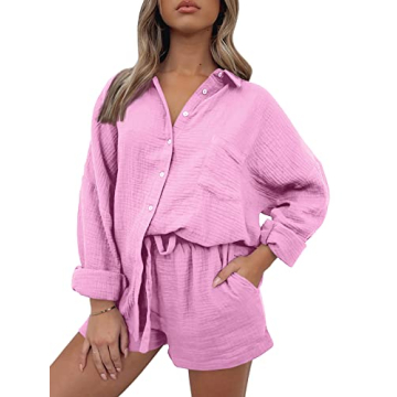 AUTOMET 2 Piece Sets For Women Lounge Wear Matching Two Piece Pajama Fashion Oversized Shirts And Sh...