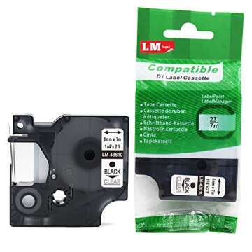 LM Tapes - Premium LM43610 1/4" Black on Clear Label Maker Tape, Compatible with Dymo 43610 D1 Label Tape 6mm