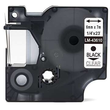 LM Tapes - Premium LM43610 1/4" Black on Clear Label Maker Tape, Compatible with Dymo 43610 D1 Label Tape 6mm