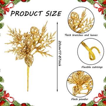 Gejoy 8 Pcs Glitter Christmas Picks with Faux Flower Artificial Leaves Christmas Tree Picks Ornament for Christmas Tree Xmas Wreath Garland Crafts Holiday Wedding Home Decorations, 7.8 Inch (Gold)