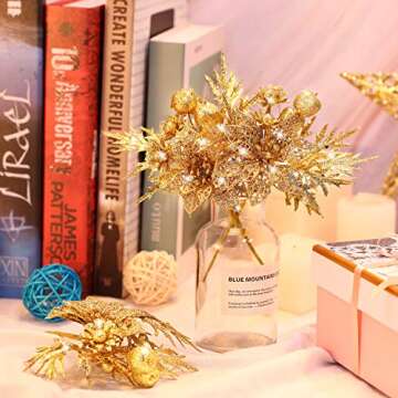 Gejoy 8 Pcs Glitter Christmas Picks with Faux Flower Artificial Leaves Christmas Tree Picks Ornament for Christmas Tree Xmas Wreath Garland Crafts Holiday Wedding Home Decorations, 7.8 Inch (Gold)