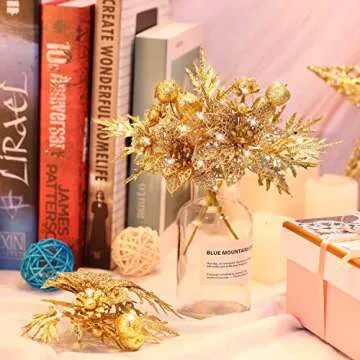 Gejoy 8 Pcs Glitter Christmas Picks with Faux Flower Artificial Leaves Christmas Tree Picks Ornament for Christmas Tree Xmas Wreath Garland Crafts Holiday Wedding Home Decorations, 7.8 Inch (Gold)