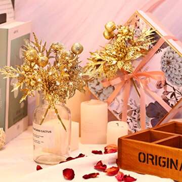 Gejoy 8 Pcs Glitter Christmas Picks with Faux Flower Artificial Leaves Christmas Tree Picks Ornament for Christmas Tree Xmas Wreath Garland Crafts Holiday Wedding Home Decorations, 7.8 Inch (Gold)