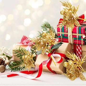 Gejoy 8 Pcs Glitter Christmas Picks with Faux Flower Artificial Leaves Christmas Tree Picks Ornament for Christmas Tree Xmas Wreath Garland Crafts Holiday Wedding Home Decorations, 7.8 Inch (Gold)