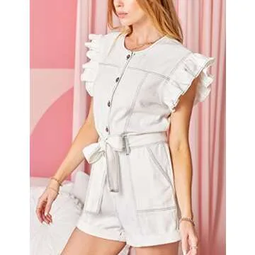 COWOKA Women's Casual Short Sleeve Loose Cotton Jumpsuit Elastic Waist Button Down Pocketed Romper Shorts Milk White S