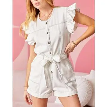 COWOKA Women's Casual Short Sleeve Loose Cotton Jumpsuit Elastic Waist Button Down Pocketed Romper Shorts Milk White S