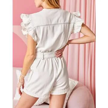 COWOKA Women's Casual Short Sleeve Loose Cotton Jumpsuit Elastic Waist Button Down Pocketed Romper Shorts Milk White S