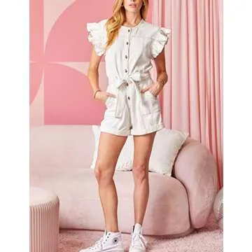 COWOKA Women's Casual Short Sleeve Loose Cotton Jumpsuit Elastic Waist Button Down Pocketed Romper Shorts Milk White S