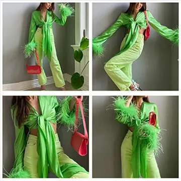 Alyweatry Women Tie Front Blouse with Feather Sleeves