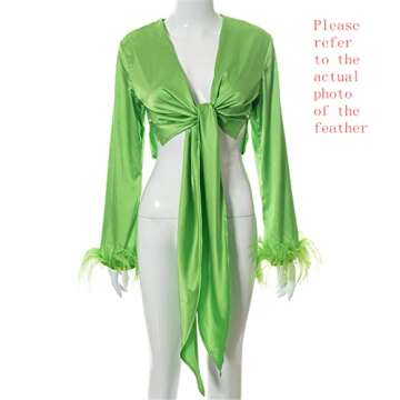 Alyweatry Women Long Sleeve Tie Front Blouse Cardigan Satin V Neck Vintage Feather Sleeve Crop Top Shirt Harajuku E-Girl Streetwear (Green, S)