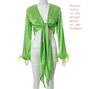 Alyweatry Women Tie Front Blouse with Feather Sleeves
