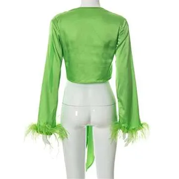 Alyweatry Women Tie Front Blouse with Feather Sleeves