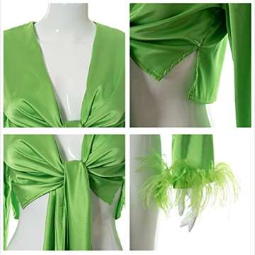 Alyweatry Women Long Sleeve Tie Front Blouse Cardigan Satin V Neck Vintage Feather Sleeve Crop Top Shirt Harajuku E-Girl Streetwear (Green, S)
