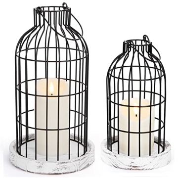 Modern Farmhouse Decor Candle Holder with Electronic Candle, Rustic Farmhouse Lantern Decor Wire Metal Cloche Set Home Decor Candle Lantern for Living Room, Dining Table, Mantle, Fireplace