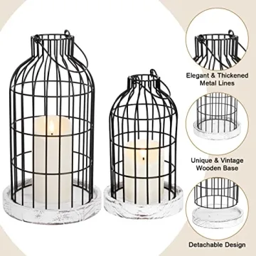 Modern Farmhouse Decor Candle Holder with Electronic Candle, Rustic Farmhouse Lantern Decor Wire Metal Cloche Set Home Decor Candle Lantern for Living Room, Dining Table, Mantle, Fireplace