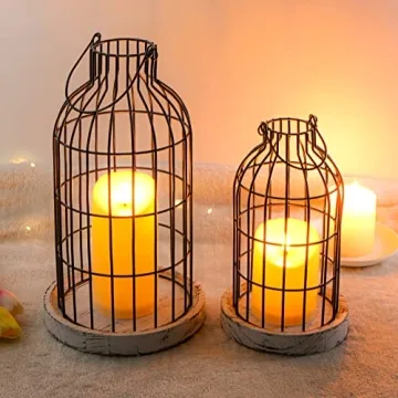 Modern Farmhouse Decor Candle Holder with Electronic Candle, Rustic Farmhouse Lantern Decor Wire Metal Cloche Set Home Decor Candle Lantern for Living Room, Dining Table, Mantle, Fireplace