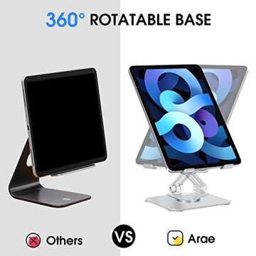 Arae Tablet Stand Holder for Desk, 360°Rotating Adjustable Aluminum Portable Stand Holder Desktop Foldable Dock Heavy Duty Compatible with iPad 7/8/9/10th,iPad Air 6/5/4,iPad Pro 11/12.9,Siliver