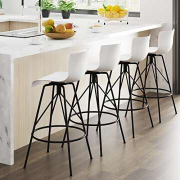 Awonde White Bar Stools Set of 4 Swivel Counter Height Barstools with Backs Modern Kitchen Bar Chairs 26" Plastic Seat Metal Legs