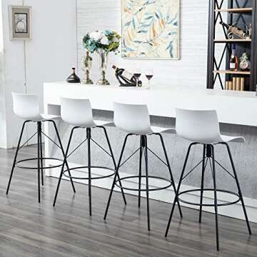 Awonde White Bar Stools Set of 4 Swivel Counter Height Barstools with Backs Modern Kitchen Bar Chairs 26" Plastic Seat Metal Legs