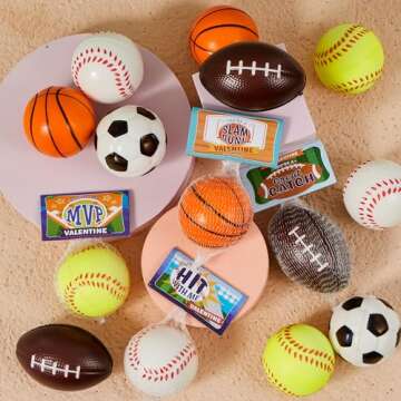 JOYIN 30 Pack Kids Valentines Day Gift Cards with Gift Mini Sports Ball Figure Stress Balls Squeeze Foam Balls for Classroom Exchange Prizes, Stress Relief, Valentine Party Favor Toys