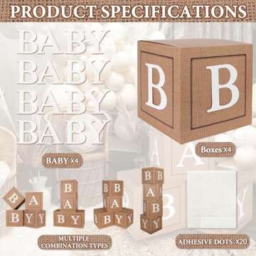 Keencopper Burlap Print Baby Boxes with Letters for Baby Shower, 4pcs Rustic Theme Boho Balloon Boxes Blocks Gender Neutral Baby Shower Decorations for Birthday Gender Reveal Backdrop