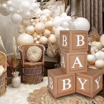 Keencopper Burlap Print Baby Boxes with Letters for Baby Shower, 4pcs Rustic Theme Boho Balloon Boxes Blocks Gender Neutral Baby Shower Decorations for Birthday Gender Reveal Backdrop