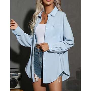 Stylish HOTOUCH Women’s Snorkel Blue Oversized Button Down Shirt with Pockets