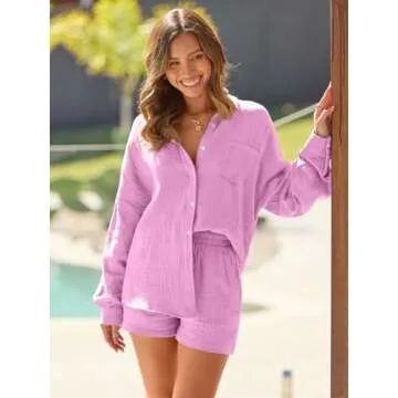 AUTOMET 2 Piece Sets For Women Lounge Wear Matching Two Piece Pajama Fashion Oversized Shirts And Shorts Spring Outfit 2025 01Pink M