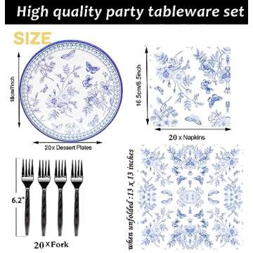 60Pcs Blue White Floral Party Supplies Flower Tableware Set 7"Blue and White Paper Plates and Blue W...