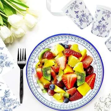 60Pcs Blue White Floral Party Supplies Flower Tableware Set 7"Blue and White Paper Plates and Blue White Floral Napkin Fork for Bridal Shower Wedding Tea Party Floral Birthday Party Decoration Serve20