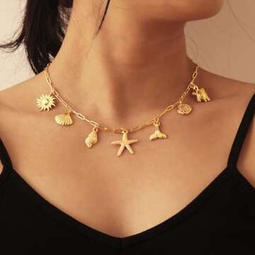 Lydow Gold Charm Necklace for Women, Shell Beach Summer Sun Starfish Turtle Necklaces Pendant Seashe...