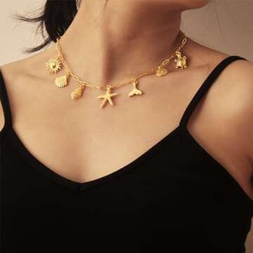 Lydow Gold Charm Necklace for Women, Shell Beach Summer Sun Starfish Turtle Necklaces Pendant Seashell Boho Jewelry Gifts Paperclip Chain Beachy Her