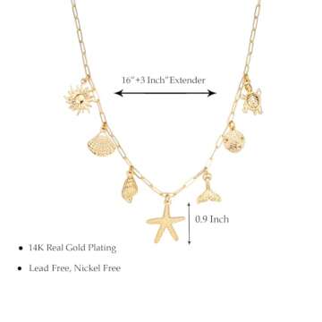 Lydow Gold Charm Necklace for Women, Shell Beach Summer Sun Starfish Turtle Necklaces Pendant Seashell Boho Jewelry Gifts Paperclip Chain Beachy Her