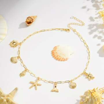 Lydow Gold Charm Necklace for Women, Shell Beach Summer Sun Starfish Turtle Necklaces Pendant Seashell Boho Jewelry Gifts Paperclip Chain Beachy Her