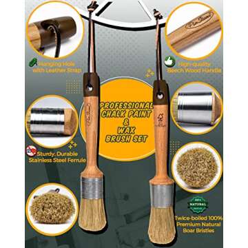 Professional Chalk and Wax Paint Brush Set, 2PC Oval and Round Chalk Paint Wax Brushes for Furniture...