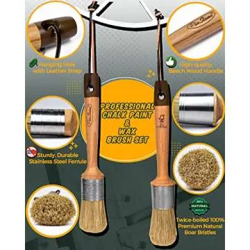 Professional Chalk and Wax Paint Brush Set, 2PC Oval and Round Chalk Paint Wax Brushes for Furniture...