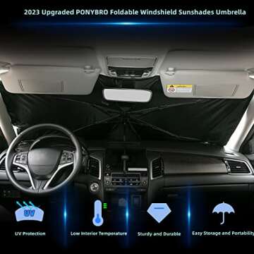 PONYBRO Foldable Windshield Sun Shade Umbrella - UV 100% Block, Full Coverage for Cars,SUVs, Vans