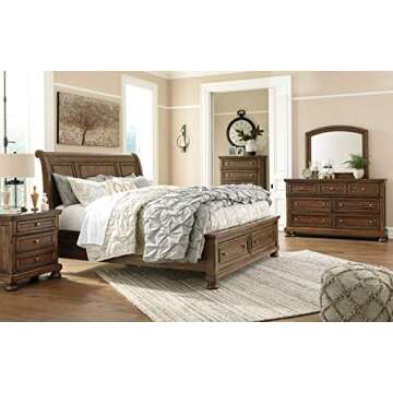 Signature Design by Ashley Flynnter Traditional 2 Drawer Nightstand with Hidden Pull-Out Tray, 30" Tall, Tobacco Brown