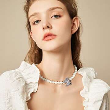 2PCS Pearl Necklace Set, Bow Necklace, Artificial Pearl Necklace, Pearl Choker Necklace Charm Lady G...